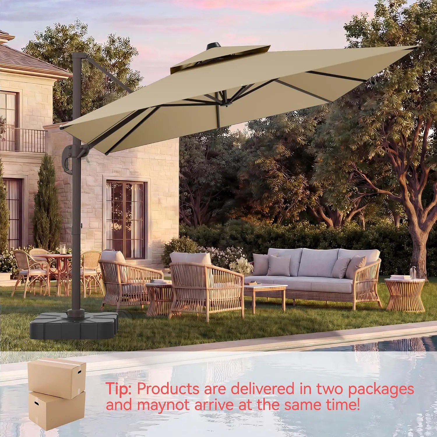 9x12 FT Patio Umbrella with base, Large Cantilever Rectangular Double Top Heavy Duty Offset Umbrellas with 360° Rotation