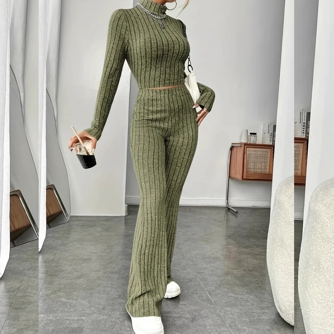 

Women Knit Set Casual Long Sleeve Tops Flare Pants Suit Soild Turtleneck Short Hoodie Trousers Sets Festival Outfit Streetwear