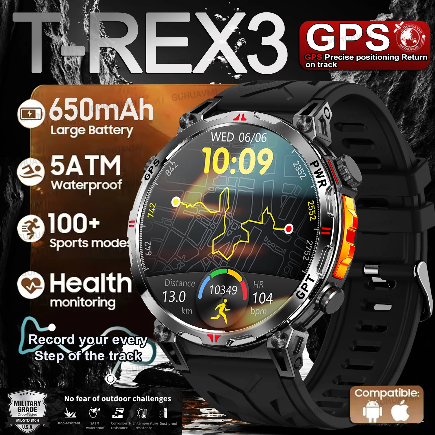 

2025 Новые военные AMOLED HD SmartWatch 650 мАч с аккумулятором GPS Компас 5 АТМ Водонепроницаемая тактика 100+ Спортивные BT-вызовы Смарт-часы для мужчин