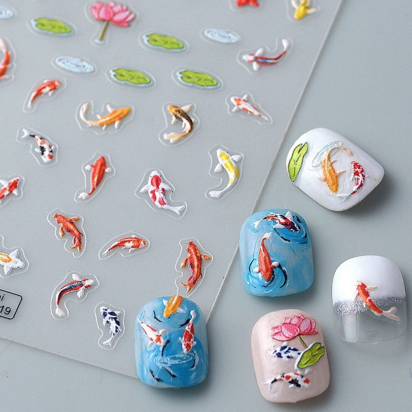 

Carved Lucky Koi Fish Lotus 5D Nail Sticker Decals Vivid Embossed Tape Fancy Carp Slider Manicure Decoration Tips Cartoon Design