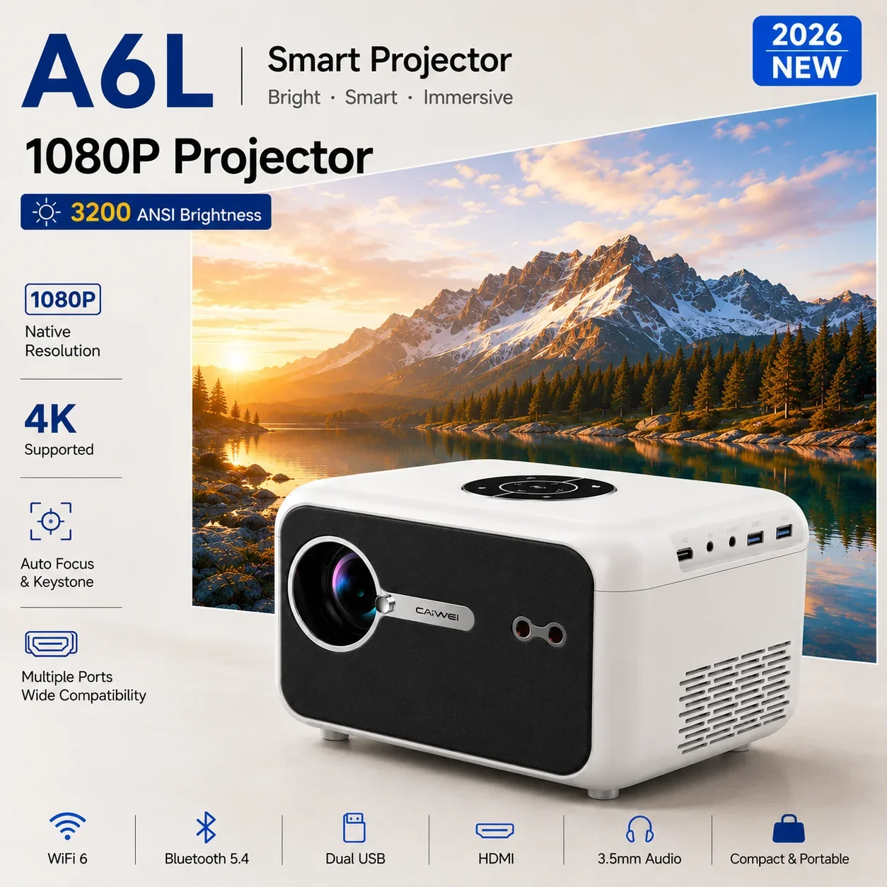 A6L 3200ANSI 4K Support Smart Projector with Netflix 1080P Auto Focus WiFi6 Bluetooth5.4 Dolby Audio Home Theater Projector 2026