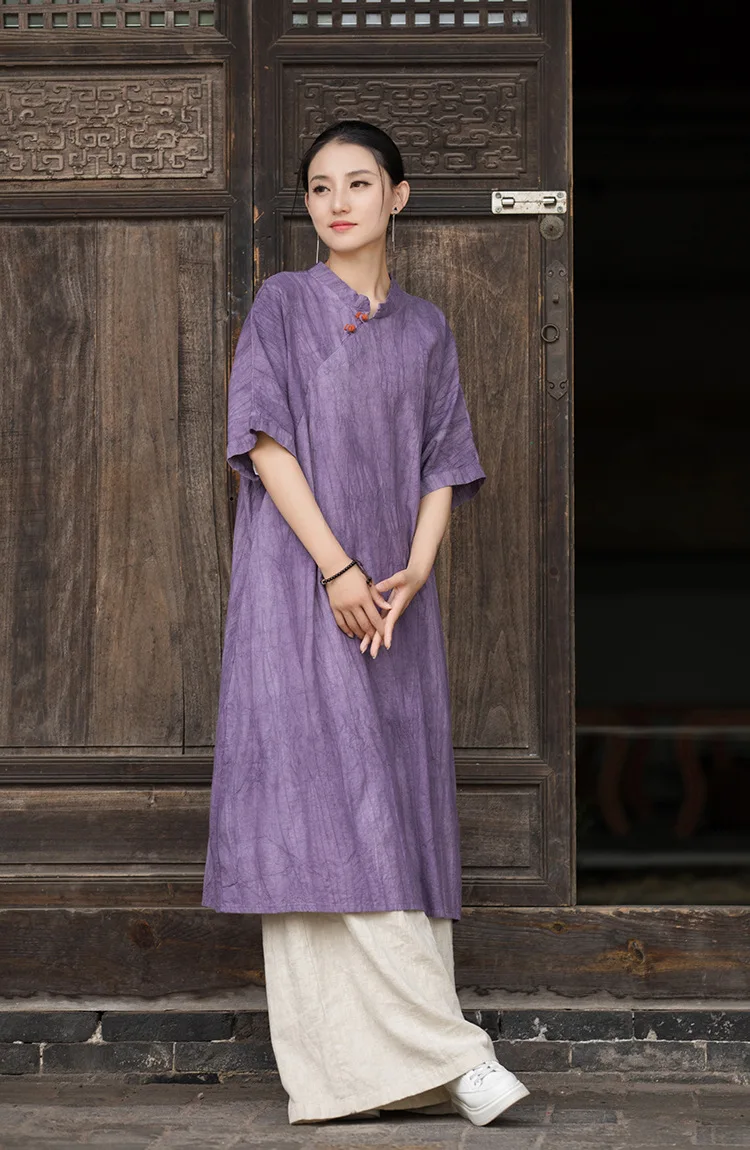 Nieuwe Chinese stijl Vrouwen Ramee Katoen Losse Jurk Chinese Traditionele Effen Kleding Qipao Stand Kraag Met Diagonale Revers Jurk