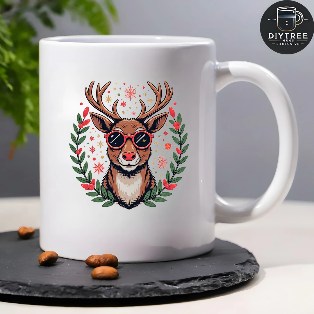 كوب الرنة الكرتوني سعة 11 أونصة + هدية عيد الميلاد، كوب عيد الميلاد المبهج، كوب قهوة إبداعي للمكتب العائلي