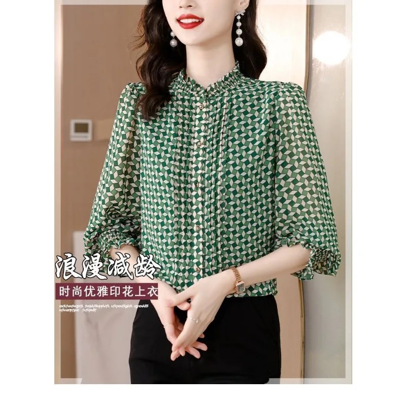 

Chiffon Shirt Women's Long Sleeve 2025 New Autumn Fashion Printed Stand Collar Temperament Versatile Chiffon Shirt Top