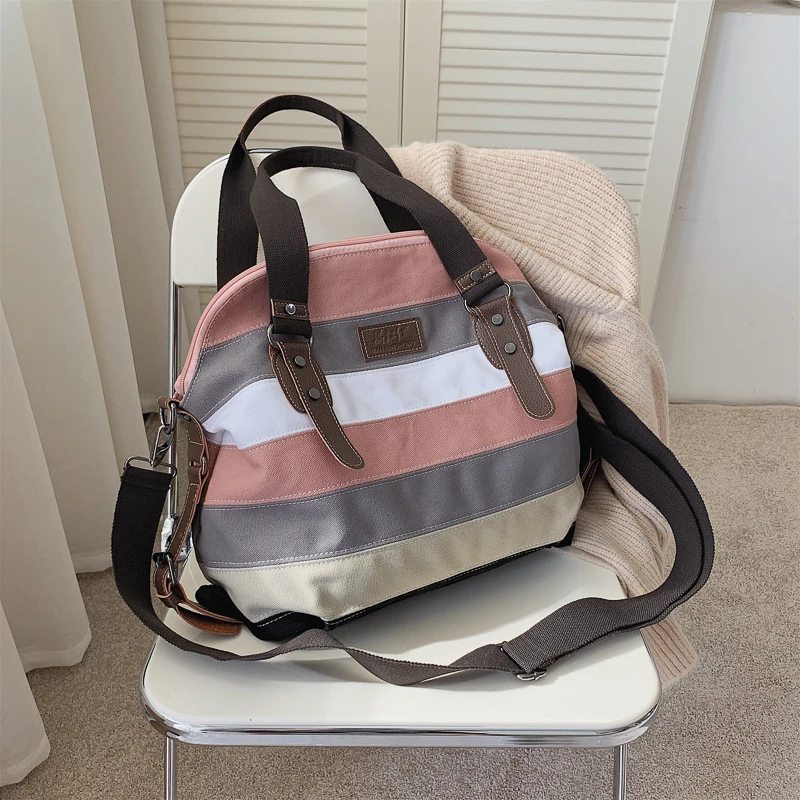 Pink Gray White Khaki Stripe Patchwork Canvas Women Handbags Fashion Leisure Large Totes Bags Summer Travel Ladies Shoulder Bags