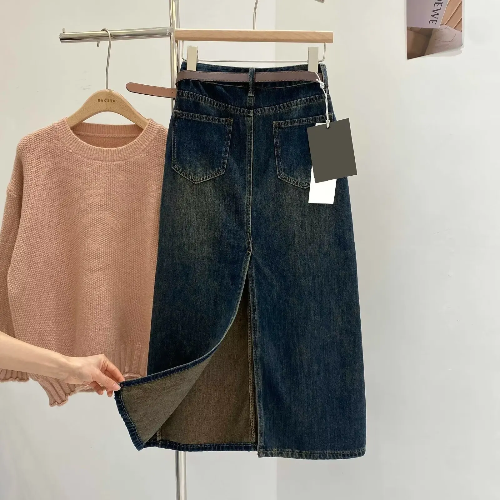 Vrouwen Dubbele Zakken Denim Rokken Herfst Vintage Mode Hoge Taille Rechte Pijpen A-lijn Halve Rokken All-Match Vrouwelijke Kleding