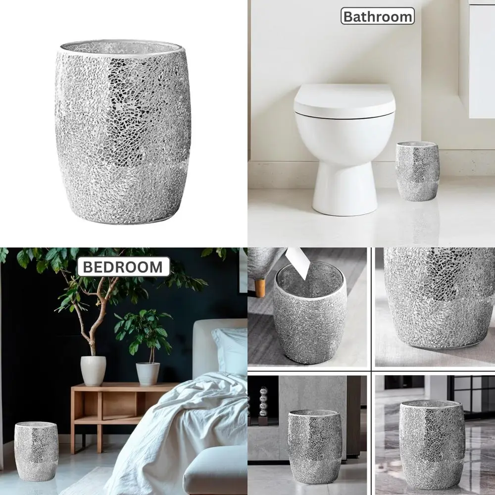 

Luxury Silver Mosaic Glass Trash Can 5L - Modern Waste Basket for Bathroom, Bedroom, Office, Kitchen | 7 x 10 Inches