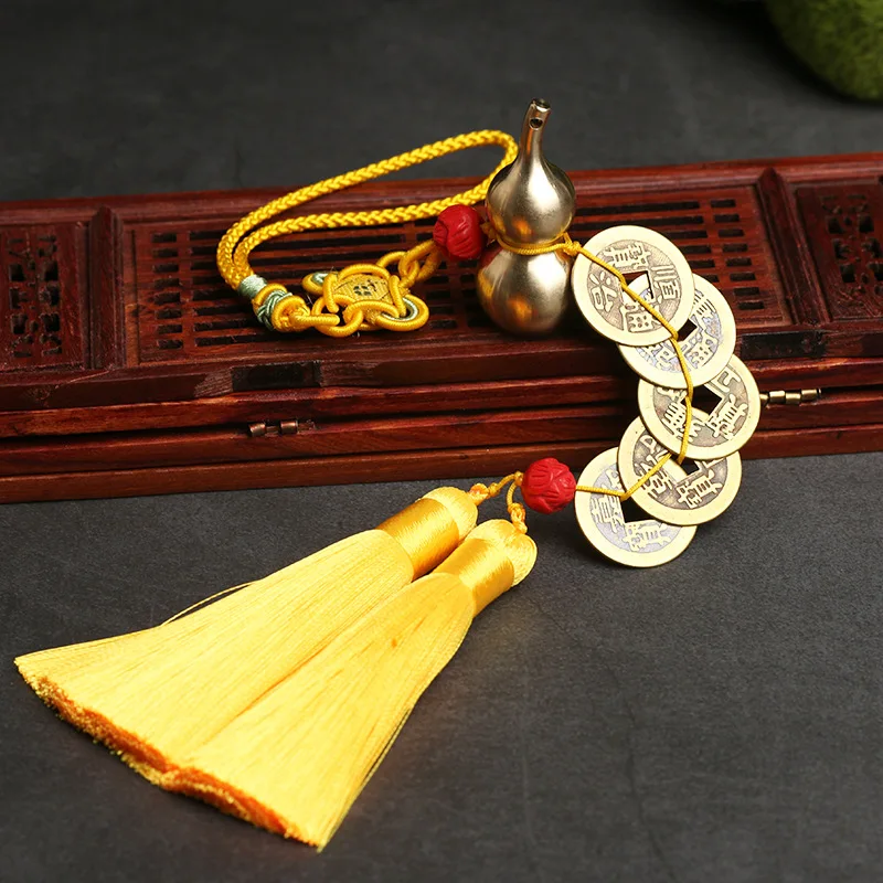 

2Pcs Bottle Gourd Decorative Pendant Copper Gourd Five Emperors Lucky Key Chain, Antique Coins Chinese Knot, Auto Parts