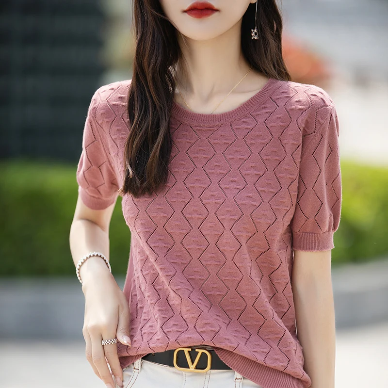 Women\'s T-shirt Summer 100% Cotton Sweater Short Sleeve Fashion Knitted Round Neck Ladies Tops Loose Blouse Pullover Hollow Tees