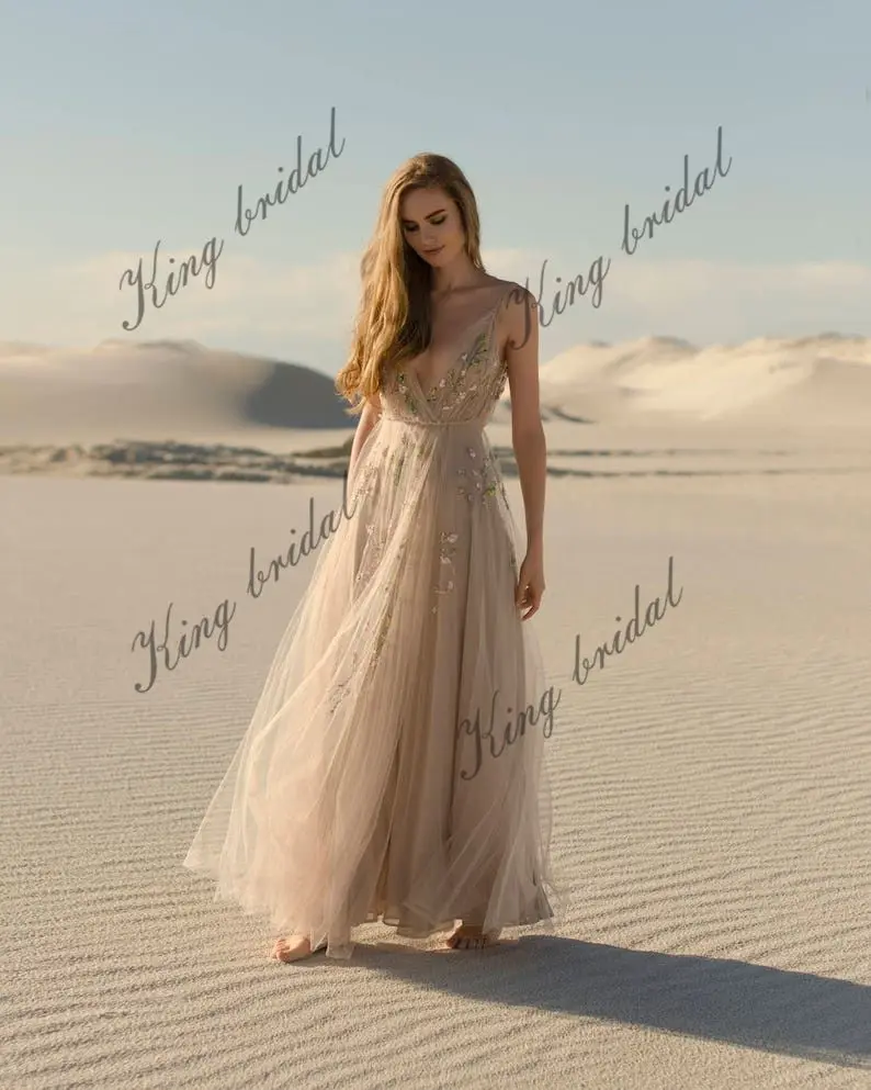 فستان زفاف بفتحة من التول مفتوح الظهر لحفلات الزفاف مطرز يدويًا بدون أكمام على شكل حرف a فستان زفاف فساتين سهرة للحفلات الراقصة