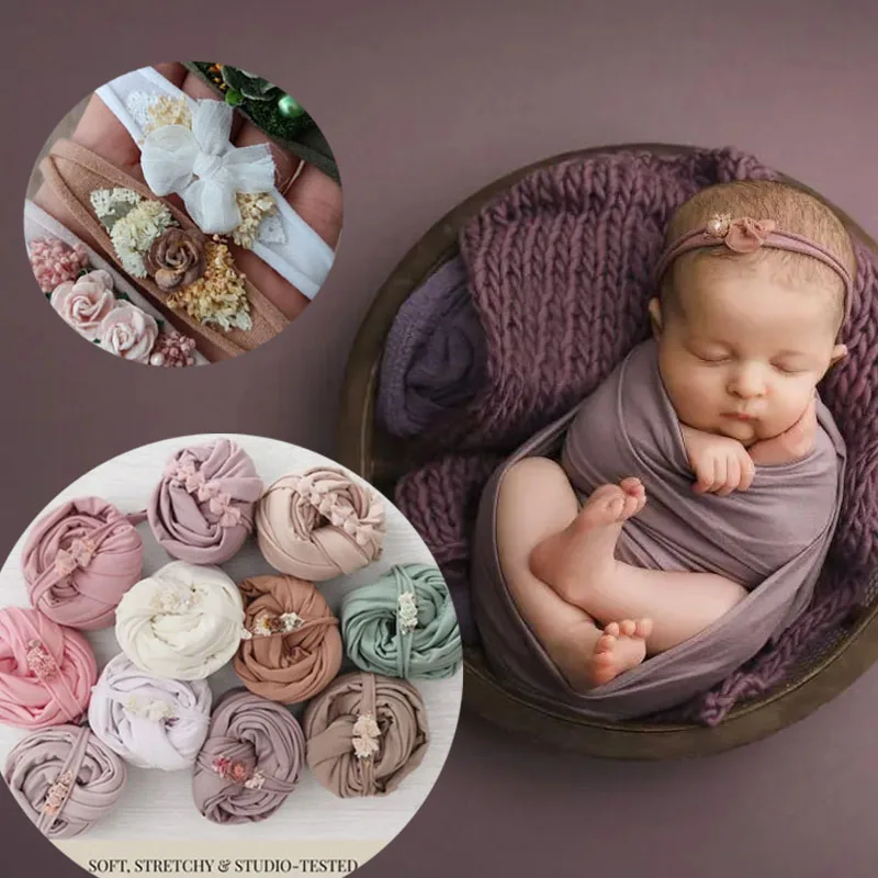 

2 шт./повязка на голову с цветочным принтом и набор оберток для новорожденных — эластичный мягкий реквизит для фотографий для маленьких девочек — необходимые для фотосессии новорожденных
