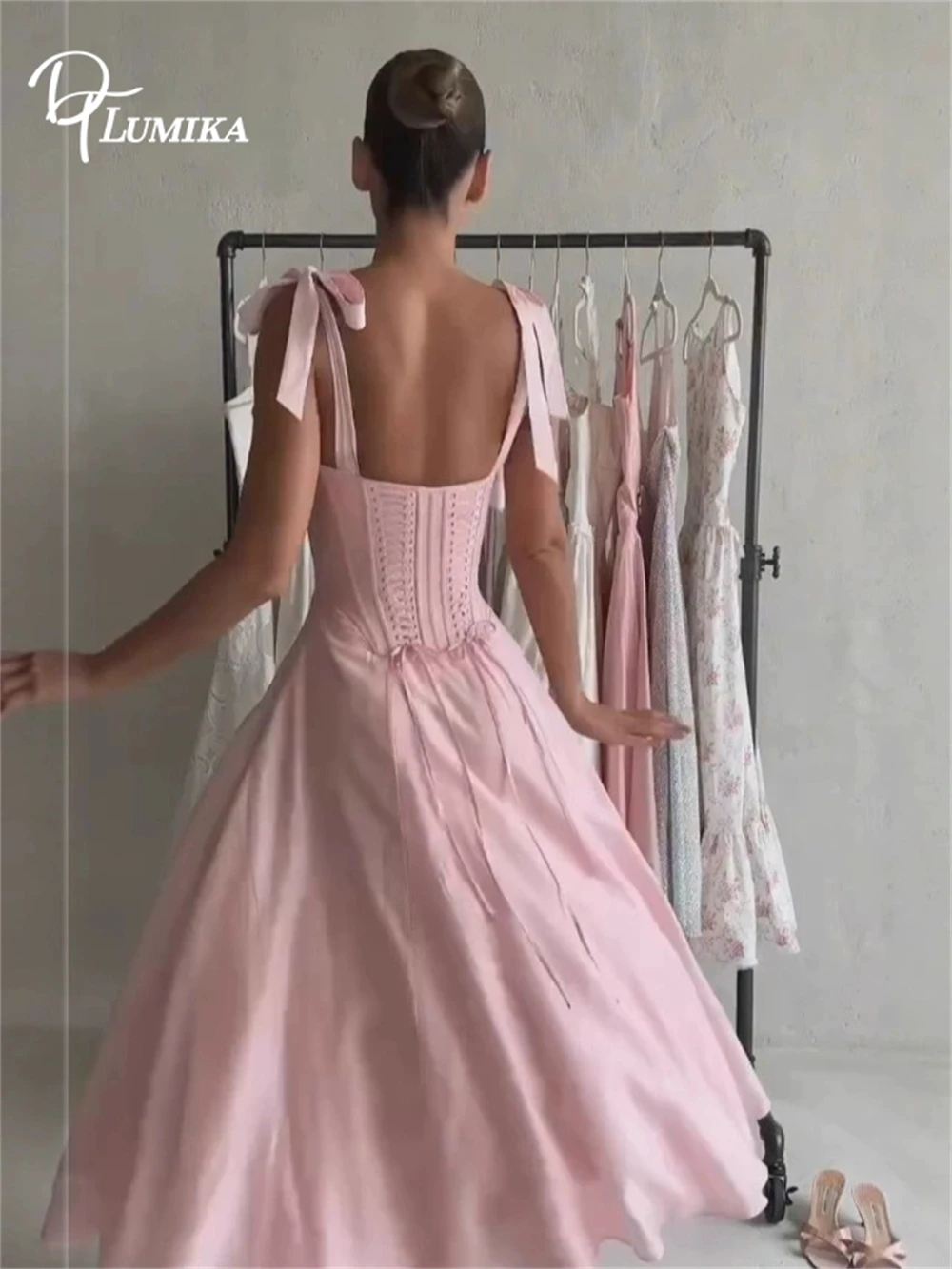 DTLumika Lace Corset Women's A Line Party Dresses Bow Shoulders Evening Party Gown Popular Dating Dinner Cocktail Dresses