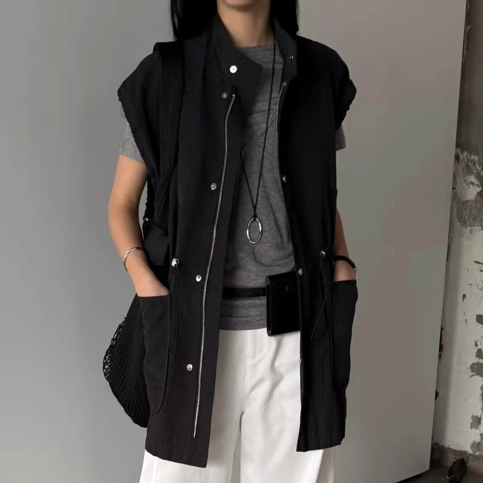 Chaleco de mujer Top Casual Dstring Svel Stand Collar Primavera Verano nuevo Sle alta gama europea coreana Faion tendencia