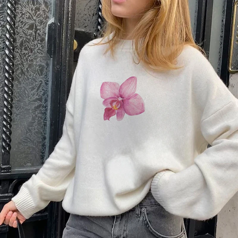 Autumn Casual Women Sweaters O-Neck Flower Sweatshirt Comfortable Long Sleeve Pullover Y2k Vintage Streetwear Chic White Jumpers