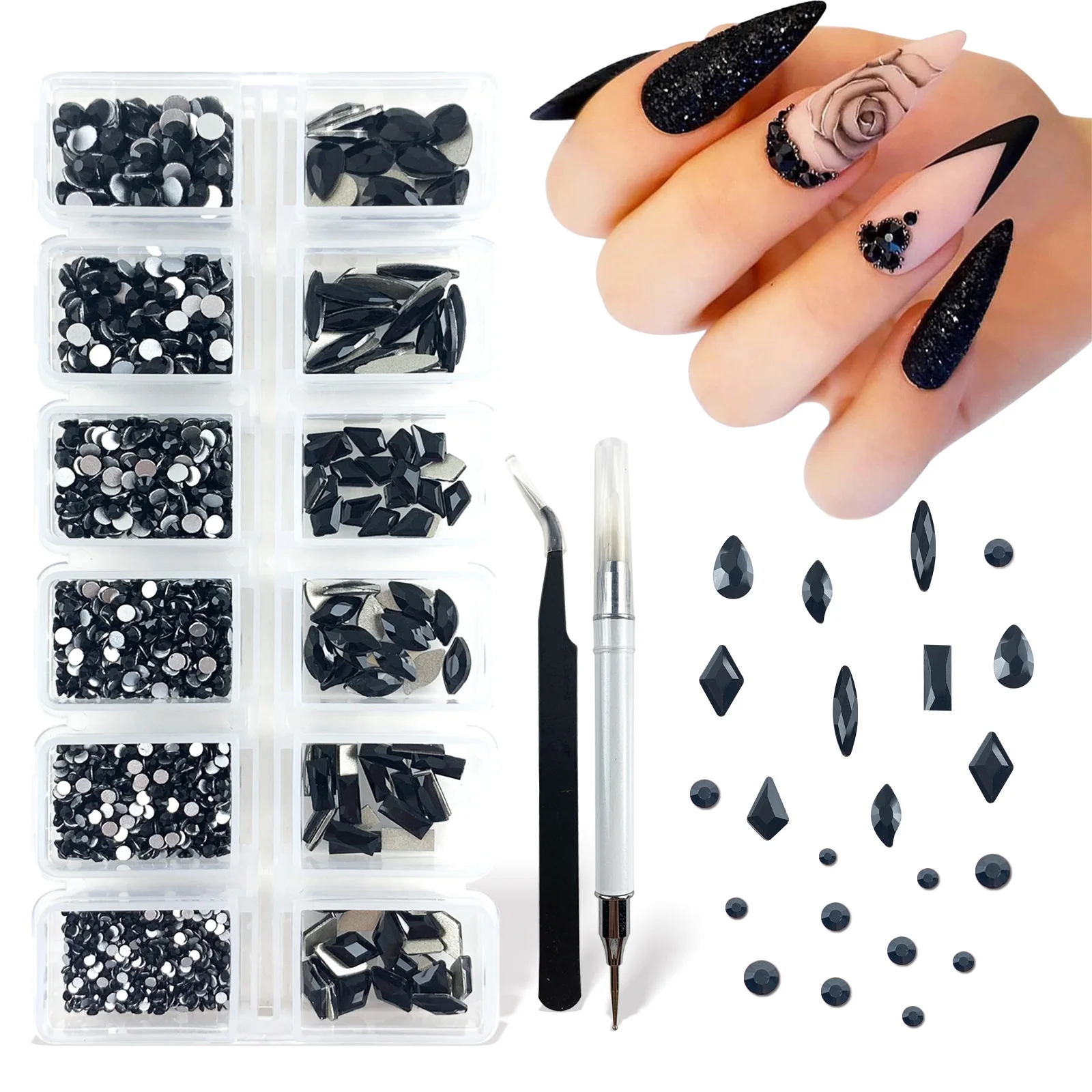 

12Grid Rhinestones Nail Gems 3D Glass Crystals Charms DIY Jewelry Diamond with Pickup Pen Tweezer Makeup Art Kit Rhinestones