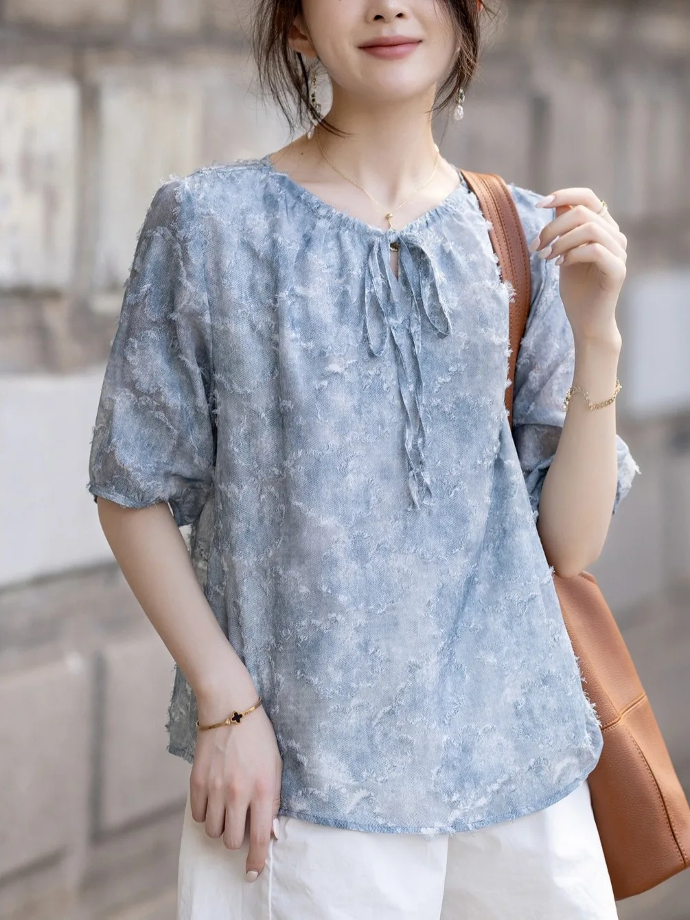 

Korean Sle Pure Color Print ort Sve round Ne irt Women Summer 2025 Loose Slimming Faionable Unique Top Trendy