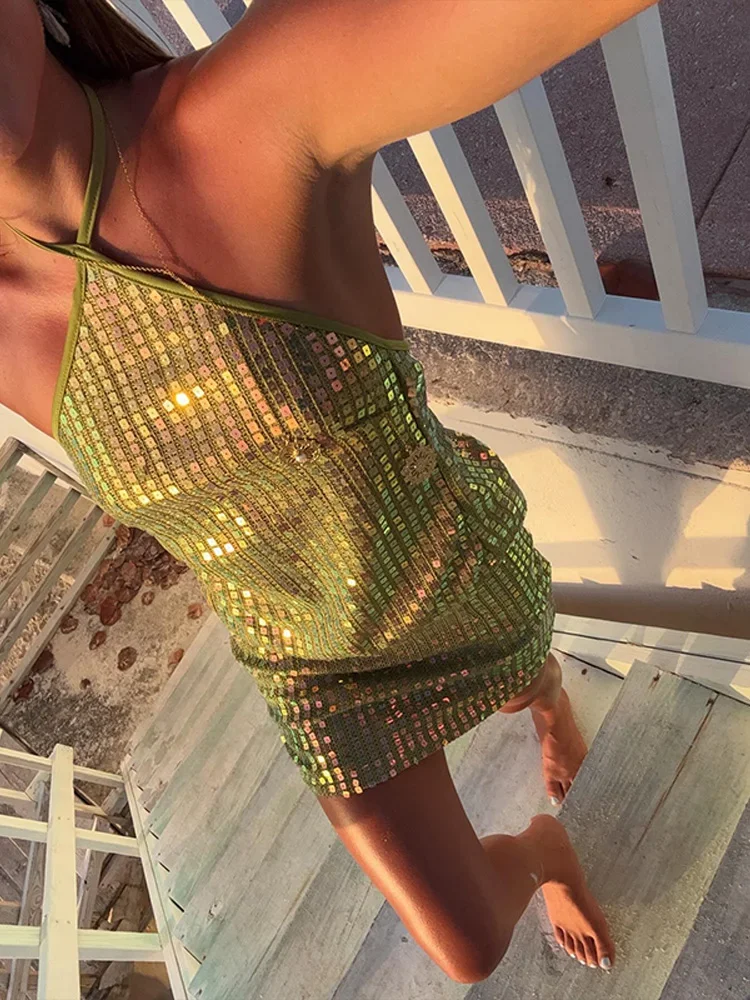 

Sequin Sparkling Neck Strap Top Skirt Sets Skinny Halter Backless Lace Up Sleeveless Tops Low Waist Skirts Y2k Lady Bar Wear