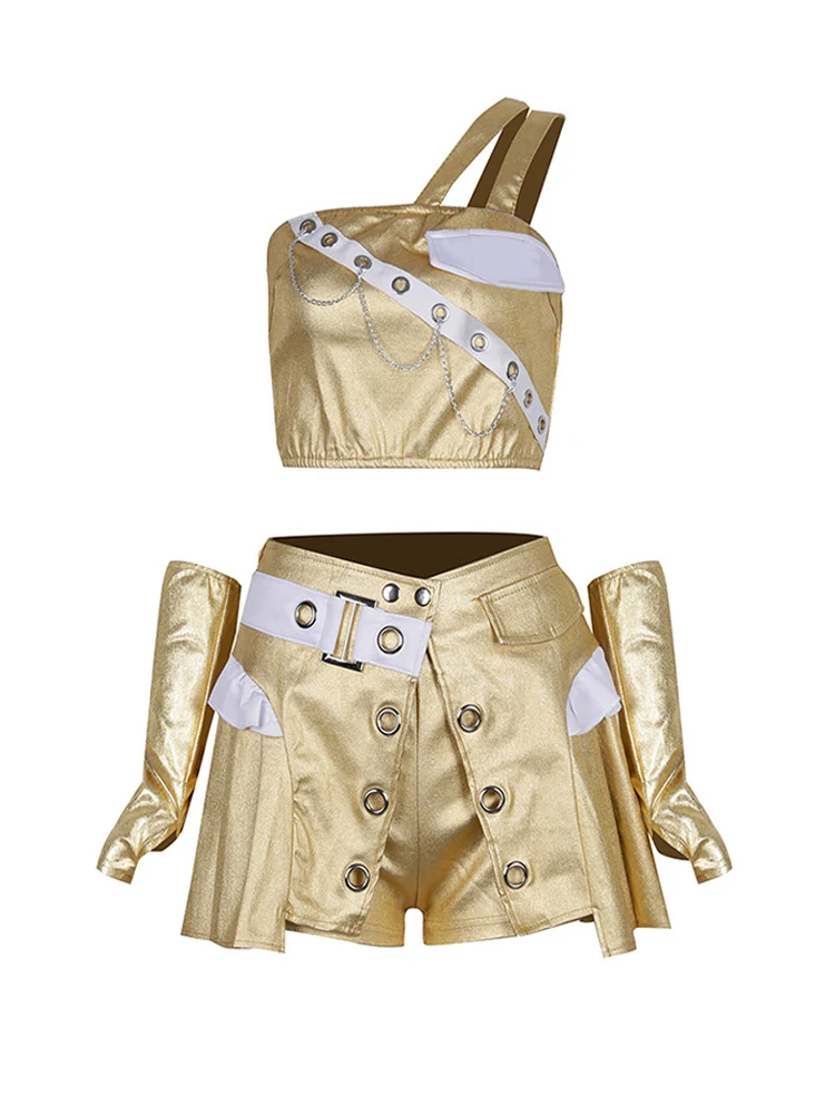 Trajes de trupe feminino, novos trajes de dança coreanos dourados, trajes de líder de torcida de grupo, trajes de dança de jazz