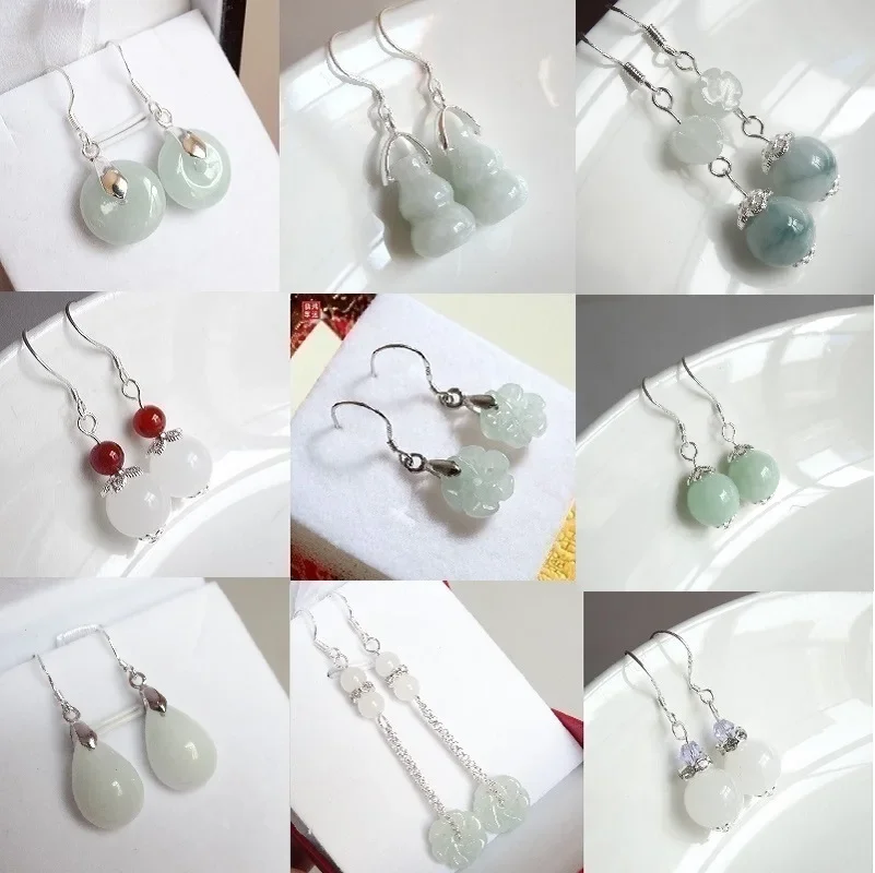 Natural Burma Jadeite Earrings Jade Jewellery Emerald Beads Charm Fashion Accessories Luck Amulet Gifts for Her Woman