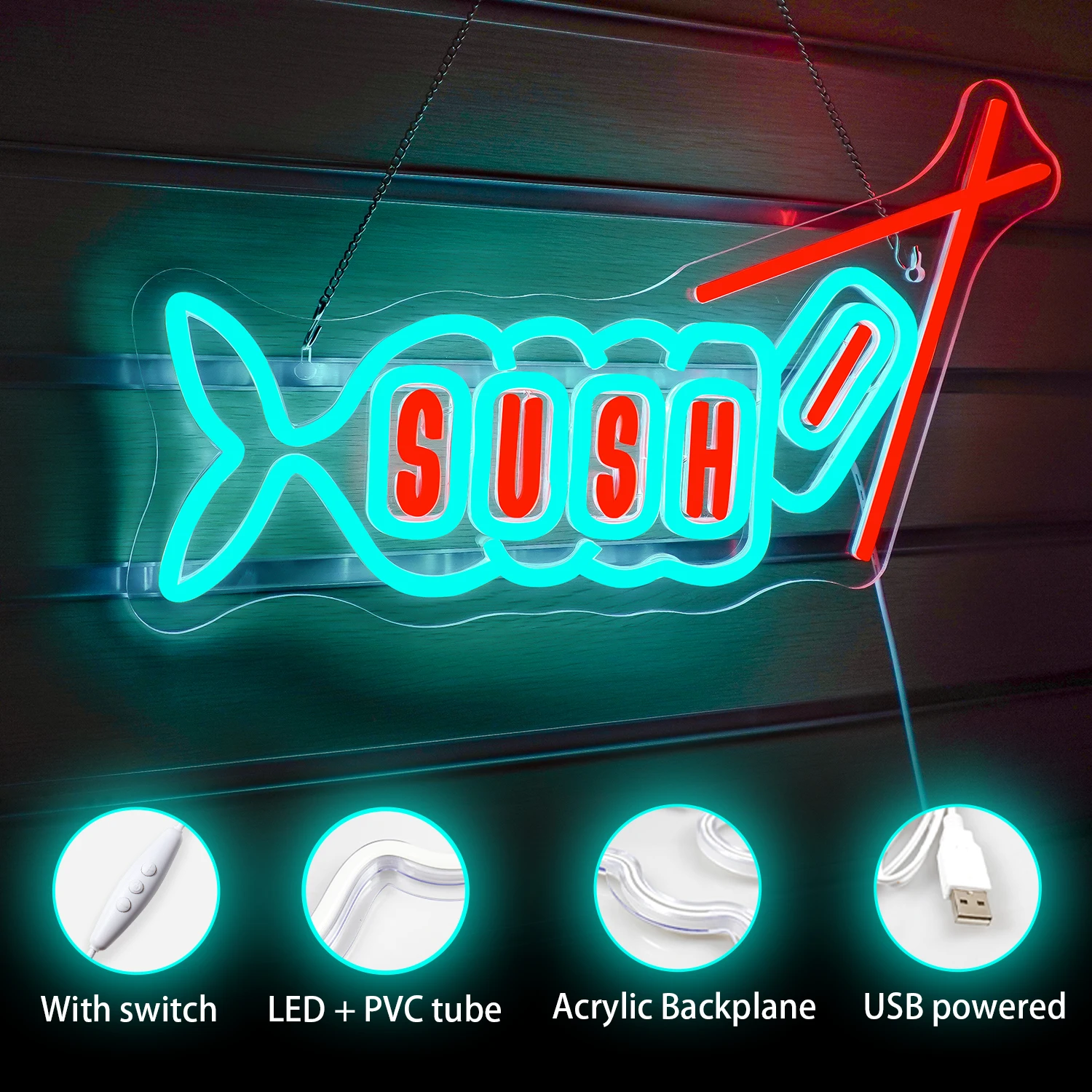 Sushi Neon Sign For Wall Decor LED Lights Fish Shaped Room Decoration Japanese Food Shop Bar Restaurant Kitchen Party USB Lamp