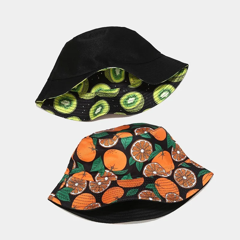 New Fruit Pattern Fisherman Hat Men and Women Outdoor Leisure Sunscreen Sun Hats Double-sided Panama Bob Cap Bone