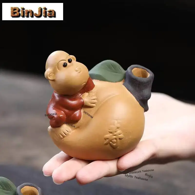 Yixing Purple Clay Handmade Monkey Tea Pet Household Longevity Peaches Vase Traditional Tea Figurine Teaware Accessories Gifts