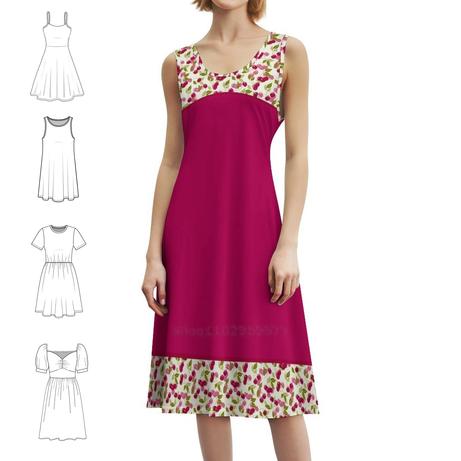 Combined Pattern Of Red And Multi-Colored Cherry Fabric Boho Chic Dress Elegant Fashion Beach Wedding Party Gown Textiles