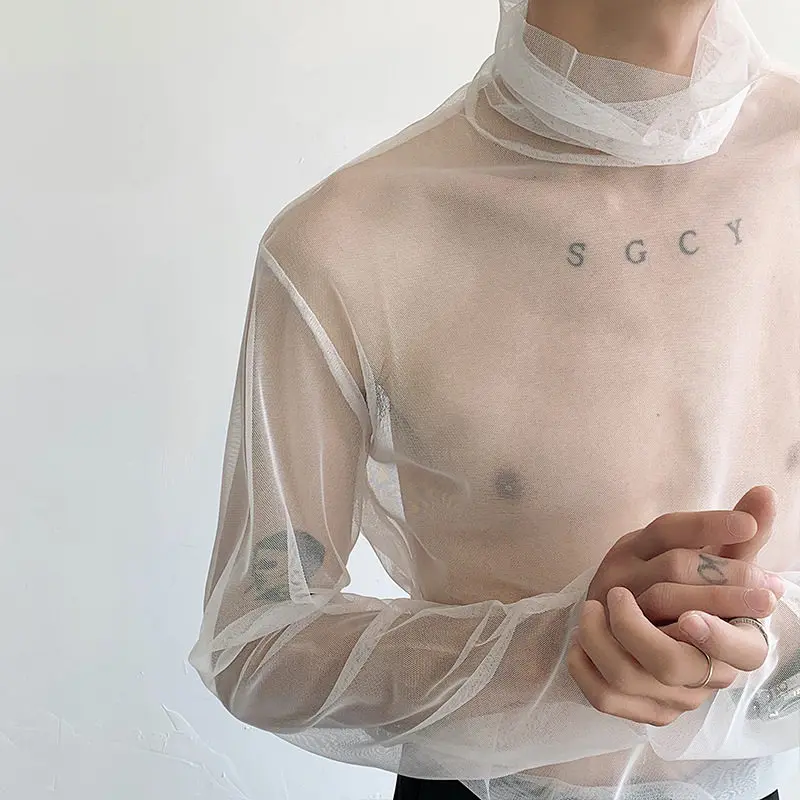 Sexy Transparentes Herren-Langarmshirt mit Hohem Kragen, Frühling-Sommer Netzgarn-Unterhemd, Durchsichtiges Schwarzes T-Shirt Oberteil