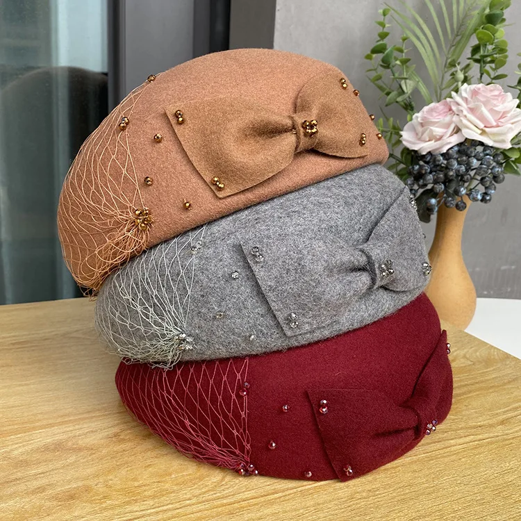 England Style Camel Grey Wool Beret Cap for Women Spring Autumn Flower Stewardess Cap Face Veil Fedoras Church Party Wool Hats