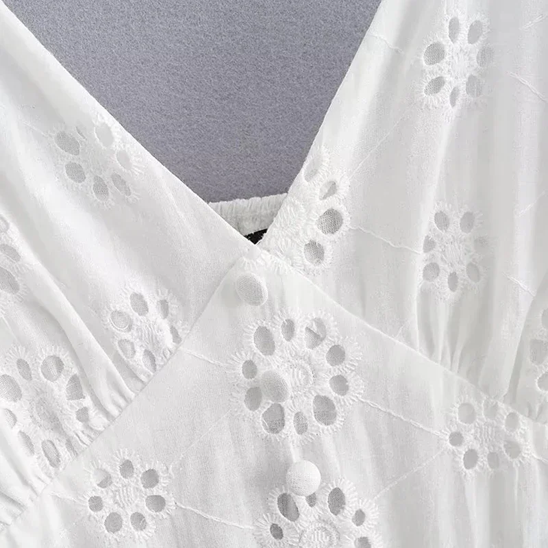 TRAF Embroidered Cutwork Dress Fashion Summer Dresses 2024 Mini White V-Neck Strappy Sleeve Slip Dress Women Elegant Party Dress