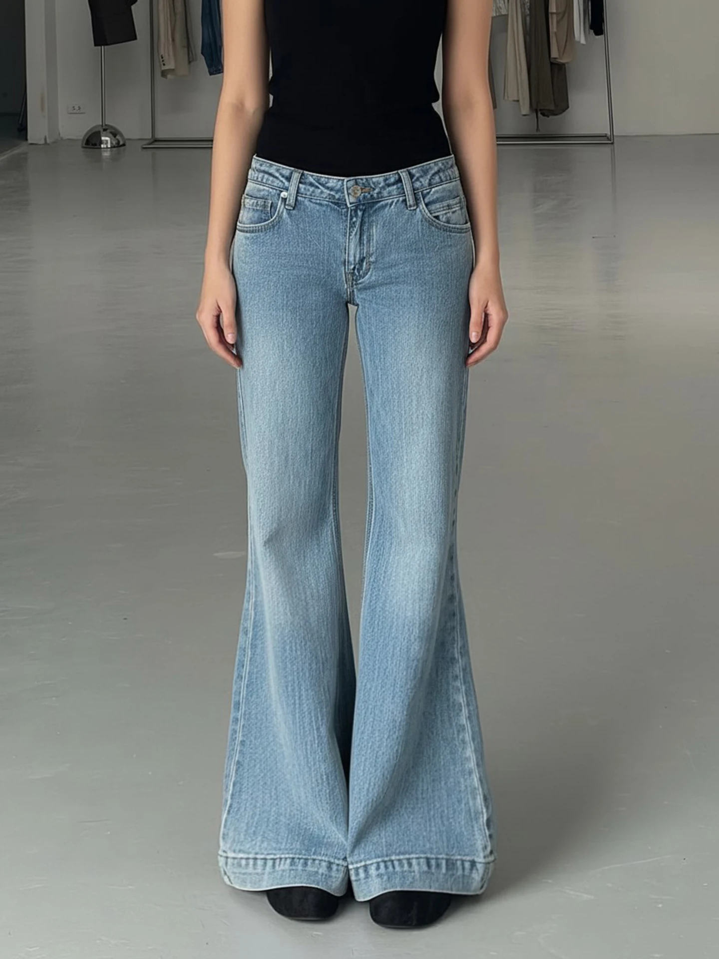 

Джинсы Slimfit с низкой посадкой для женщин, винтажные универсальные расклешенные брюки, осенние повседневные однотонные брюки длиной до пола