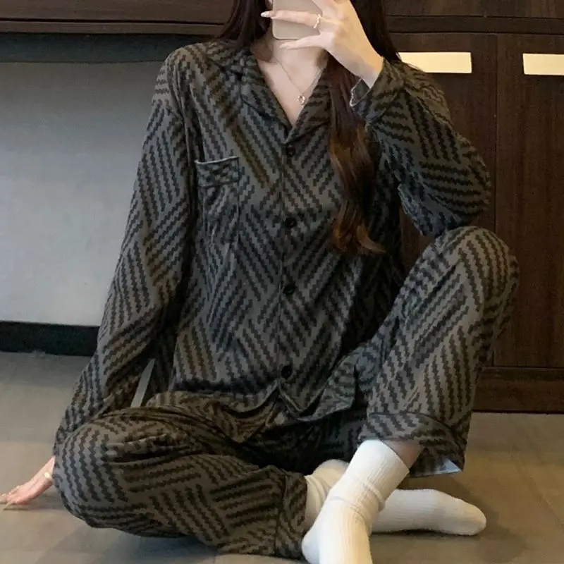 Plus Size Franse High-End Gestreepte Geruite Pyjama Voor Vrouwen Lente En Herfst Lange Mouwen Nachtkleding Studenten Nachtkleding Homewear
