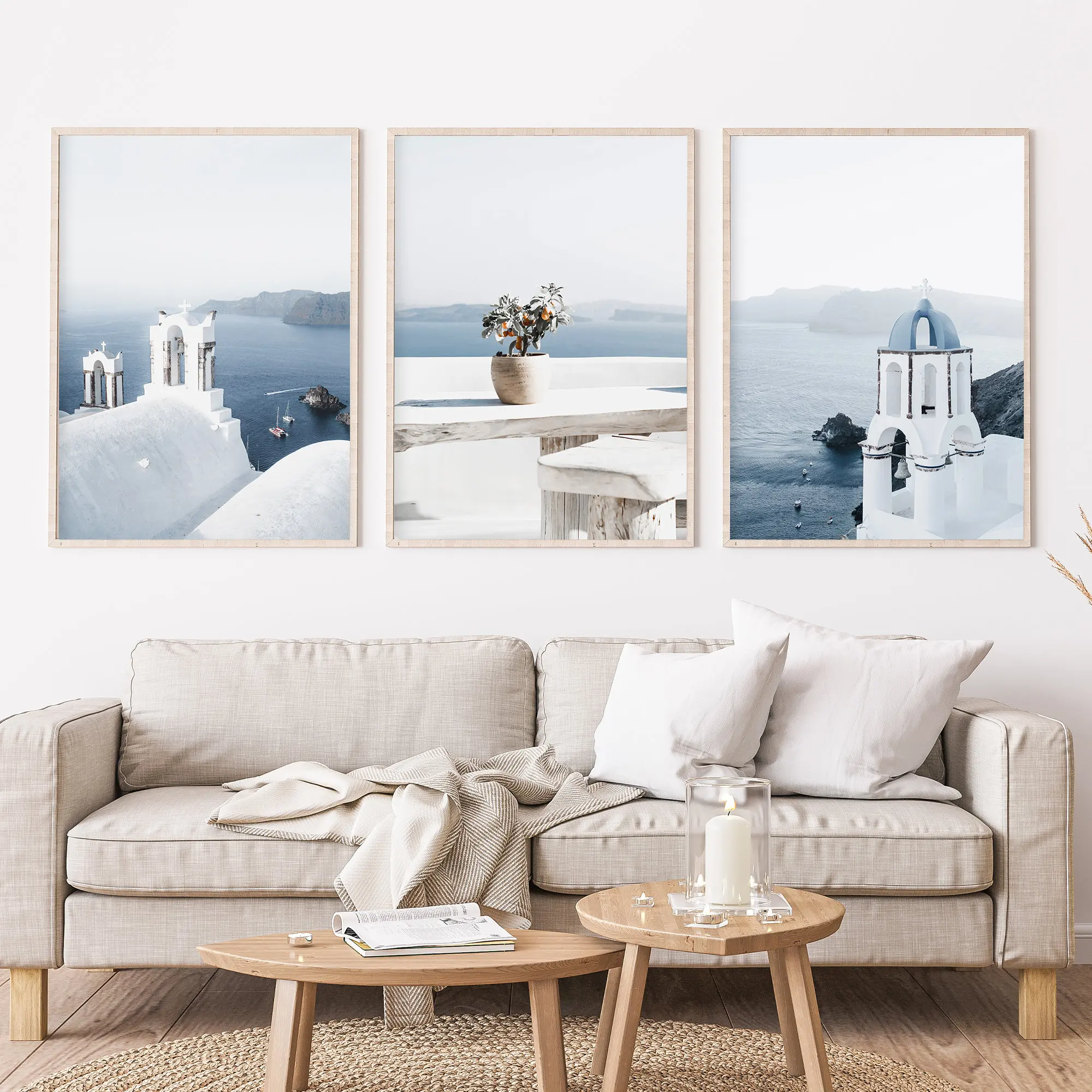 3pcs, Blue Santorini Greece Posters and Prints, Coastal Wall Art Canvas Painting for Living Room Wall Decor No Frame
