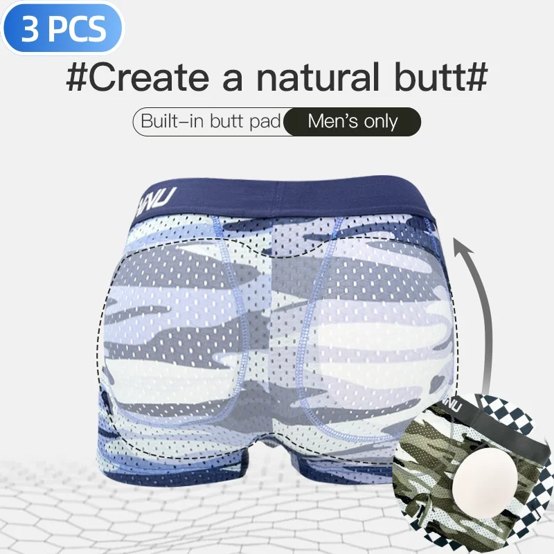 

3 PCS Men Cotton Underwear Breathable Mesh Men's Camouflage Boxers Sexy Hip Pad Mens Underpants Gays Bikini Man Panties Boxers
