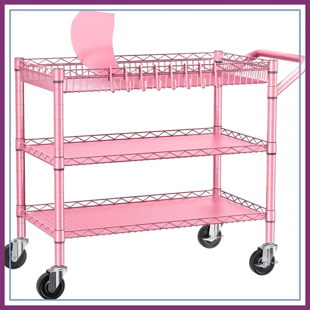 

990lbs Capacity 3 Tier Metal Utility Cart with Wheels, Heavy Duty Rolling Cart for Kitchen, Storage, Pink
