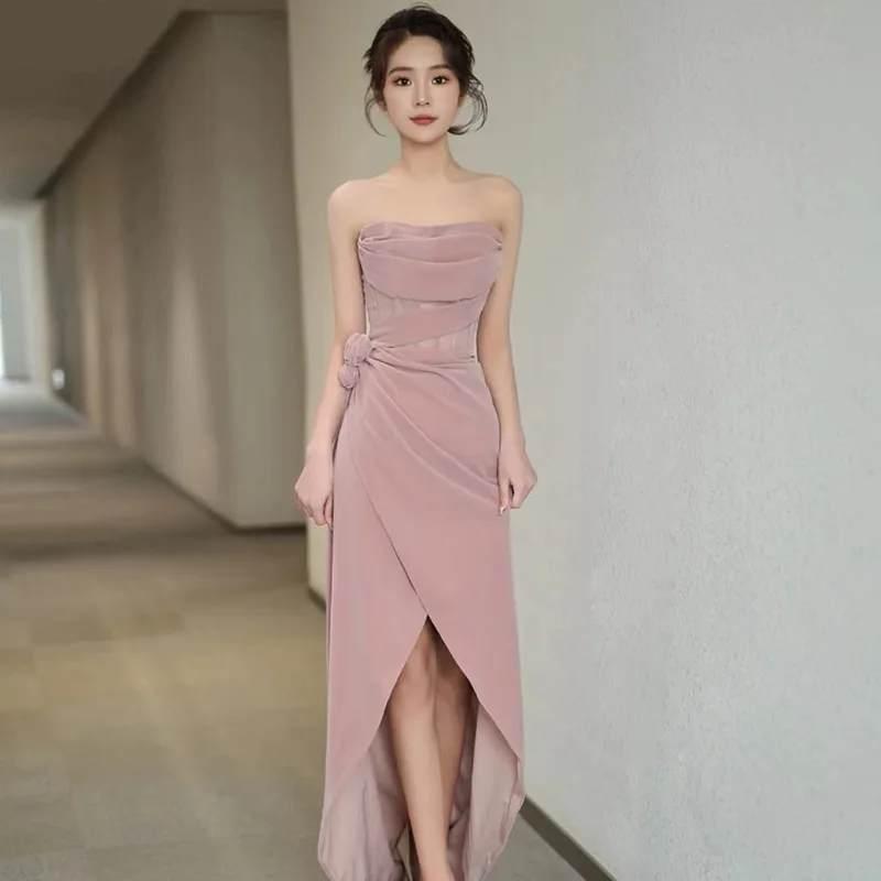 

Розовое вечернее платье 2026: Новинка, элегантное, сексуальное, без бретелек, с длинным разрезом, для банкета, для невесты, на помолвку