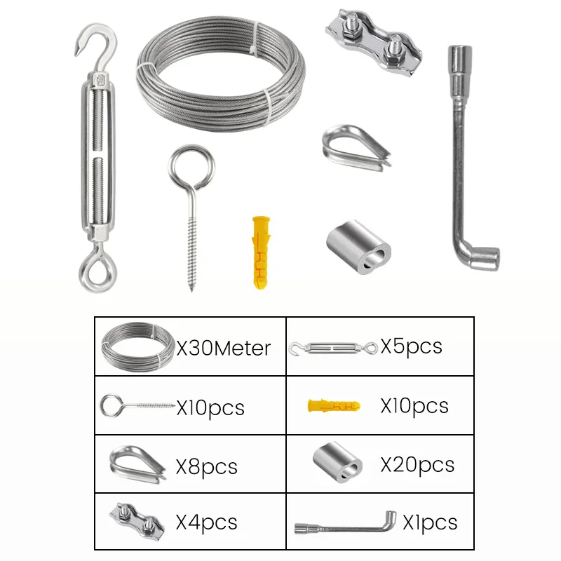 SGYM 30m Garden Wire 3mm Turnbuckle Tensioner Kit with Wire Rope Cable 304 Stainless Steel Cable Railing Outdoor Light Hanging