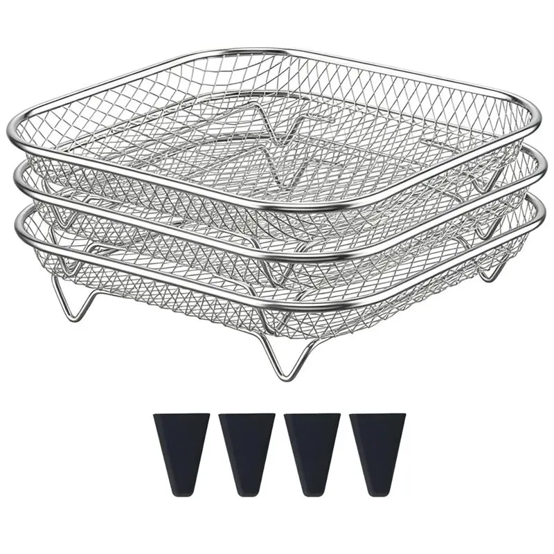 AC93-Air Fryer Rack 3Pcs 8.07' ' Square Air Fryer Basket Stackable Stainless Steel Mesh Cooking Rack For Oven With Silicon Feet