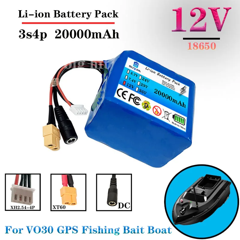 18650 3S4P 12V 20000mAh Lithium Ion Battery Pack with High Power BMS for V030 GPS Remote Control Bait Boat