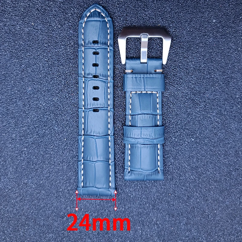 حزام جلدي بديل عالمي مقاس 24 مم بإبزيم من الفولاذ الفاخر وحزام ساعة وسوار من الجلد باللون الأسود والبني والأزرق