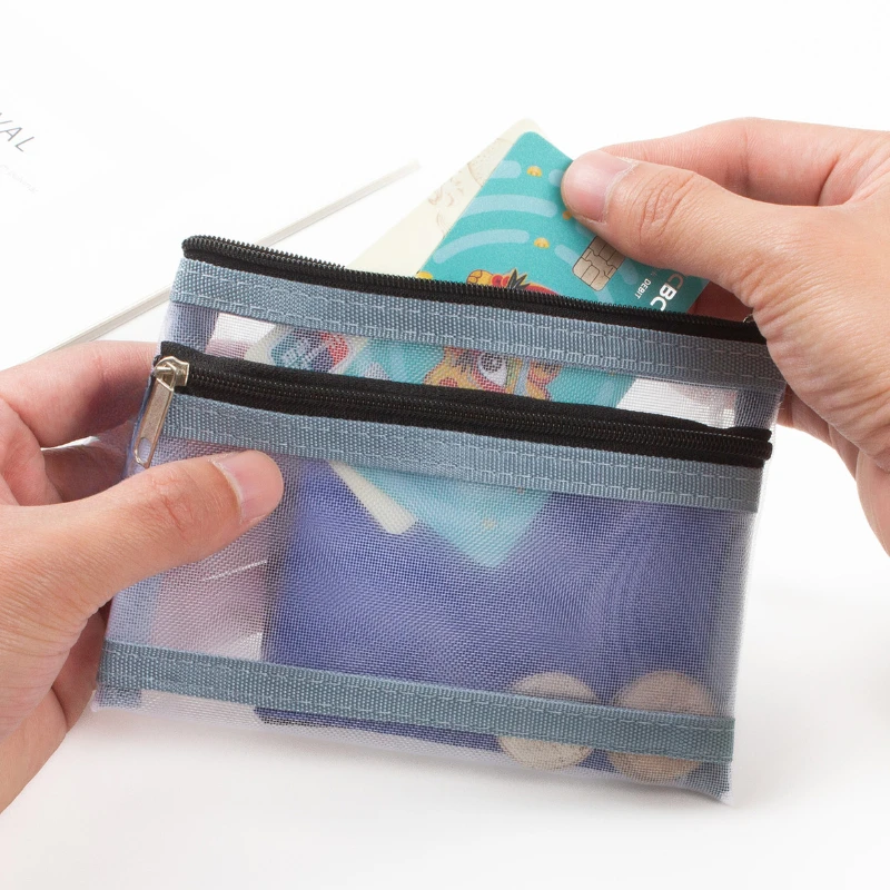 Double Layer Zipper กระเป๋าเหรียญตาข่ายไนลอนลิปสติก Key หูฟังผู้ถือรถบัส Bank ID บัตรเครดิตกระเป๋าเก็บ