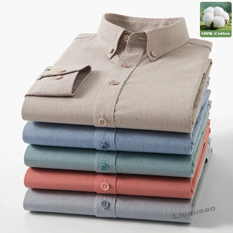 New 100% Pure Cotton Striped Shirt For Men's Long Sleeve Casual Regular Fit Soft Comfortable Business Social Shirts Men Clothing