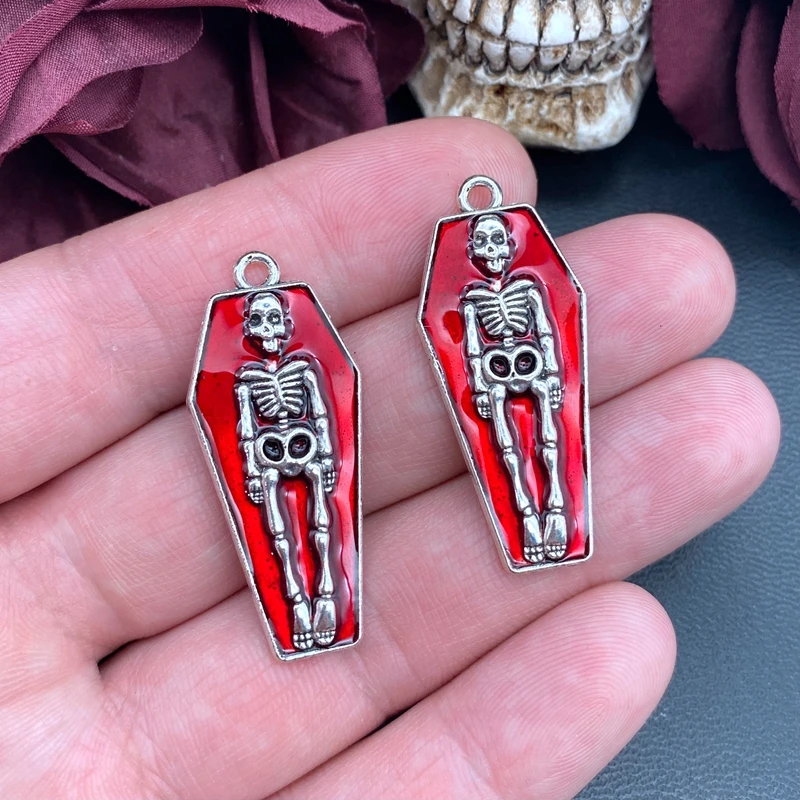 5pcs 41*18mm Gothic Skeleton Charm in Coffin,Blood Red Skeleton Charms Pendant Fit Halloween Jewelry Making DIY Jewelry Findings