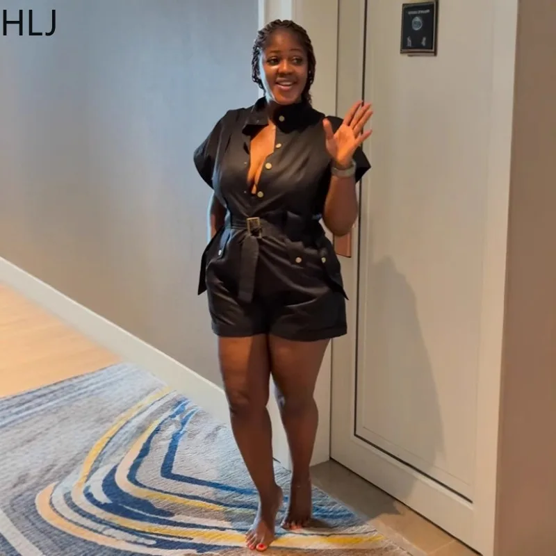 HLJ Casual Cargo Pocket Patchwork Romper Women Solid Color Short Sleeve Including Belt Jumpsuits Female Streetwear Overalls NEW