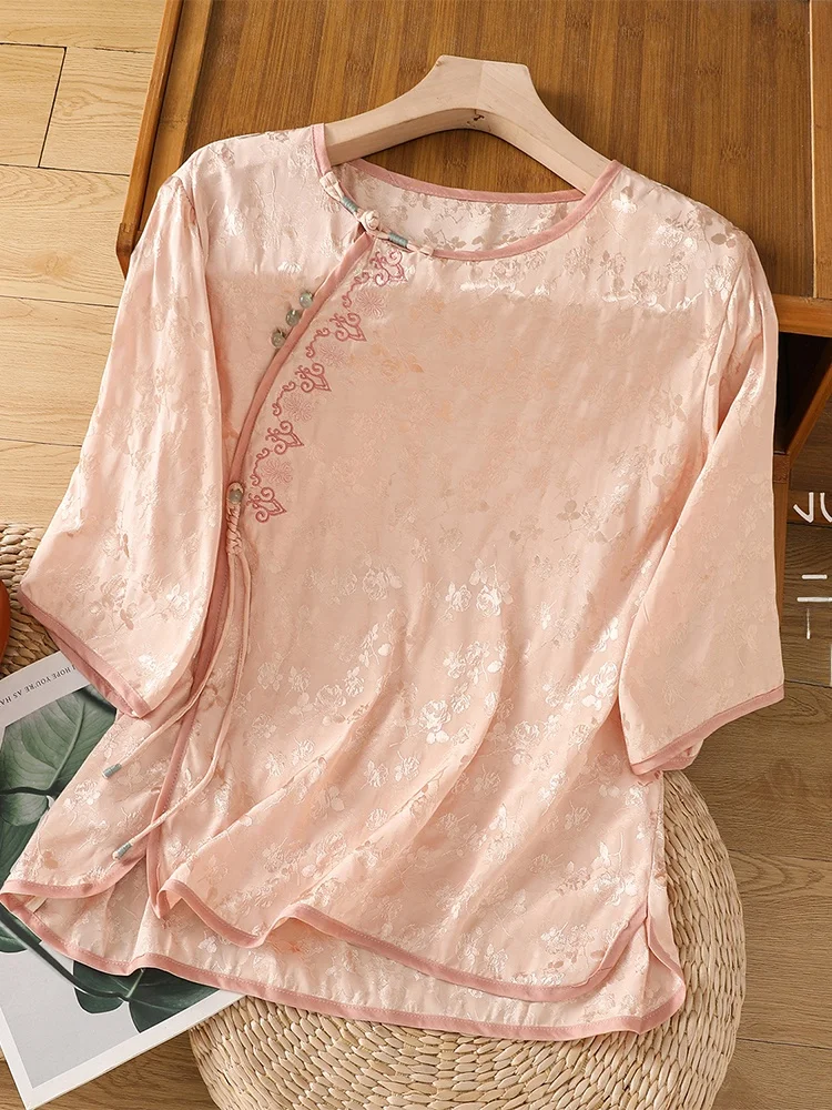 New Chinese Style Embroidered Shirt Women's Summer Elegant High-End Feelings National Style Zen Tea Service Five-Quarter Slee...