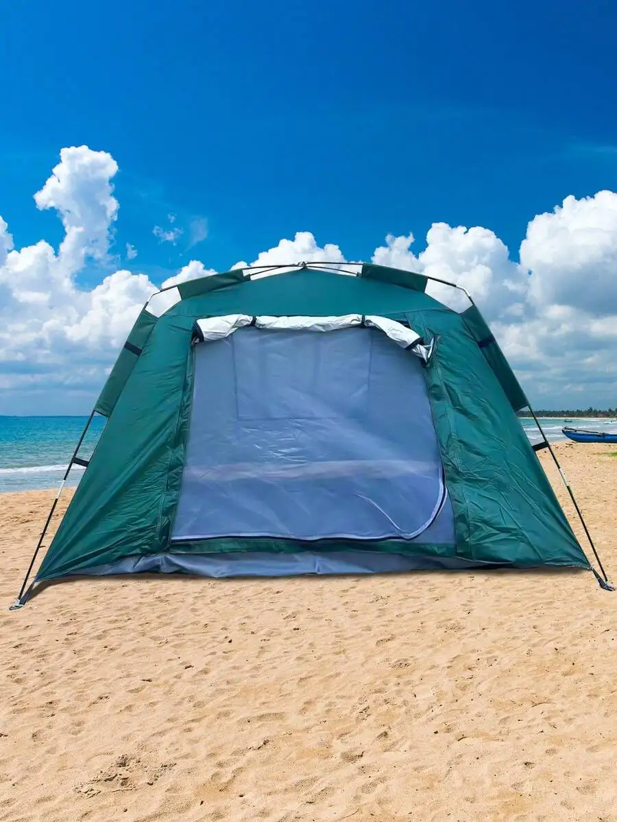 A foldable and stowable tent that is easy to install and remove, offers sun protection, is waterproof and mosquito-proof, has a compact storage size for easy portability, can accommodate 2-4 people