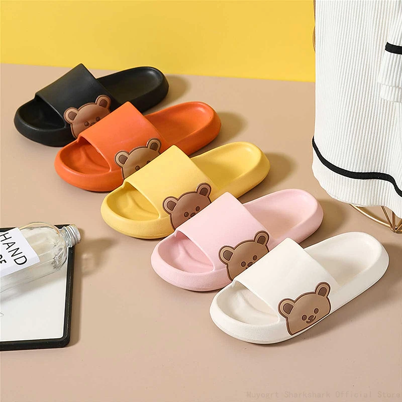 Summer Women Men Cartoon Bear Slippers Beach Slides Flip Flops Men Shoes Thick Sole Home Bathroom Anti-Slip Shoes Couple Sandals