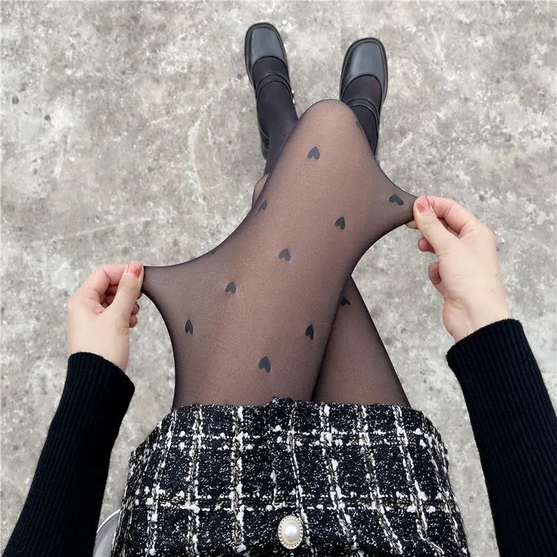 Tok Live Stream Popular Black See-through One-Piece Trousers Polka Heart Printing Pantyhose Women's Sexy Sheer Tights Le