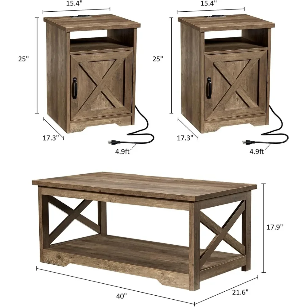 The 3-piece farmhouse table set includes a coffee table, two end tables, side table with charging station, USB port