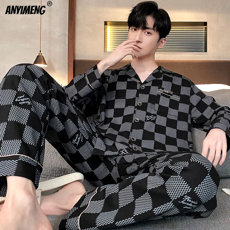 Big Size L-4XL Soft Cotton Pijamas Men Pyjamas Homewear Long-sleeve Casual Sleepwear for Men Homewear Plaid Pajamas Set for Male